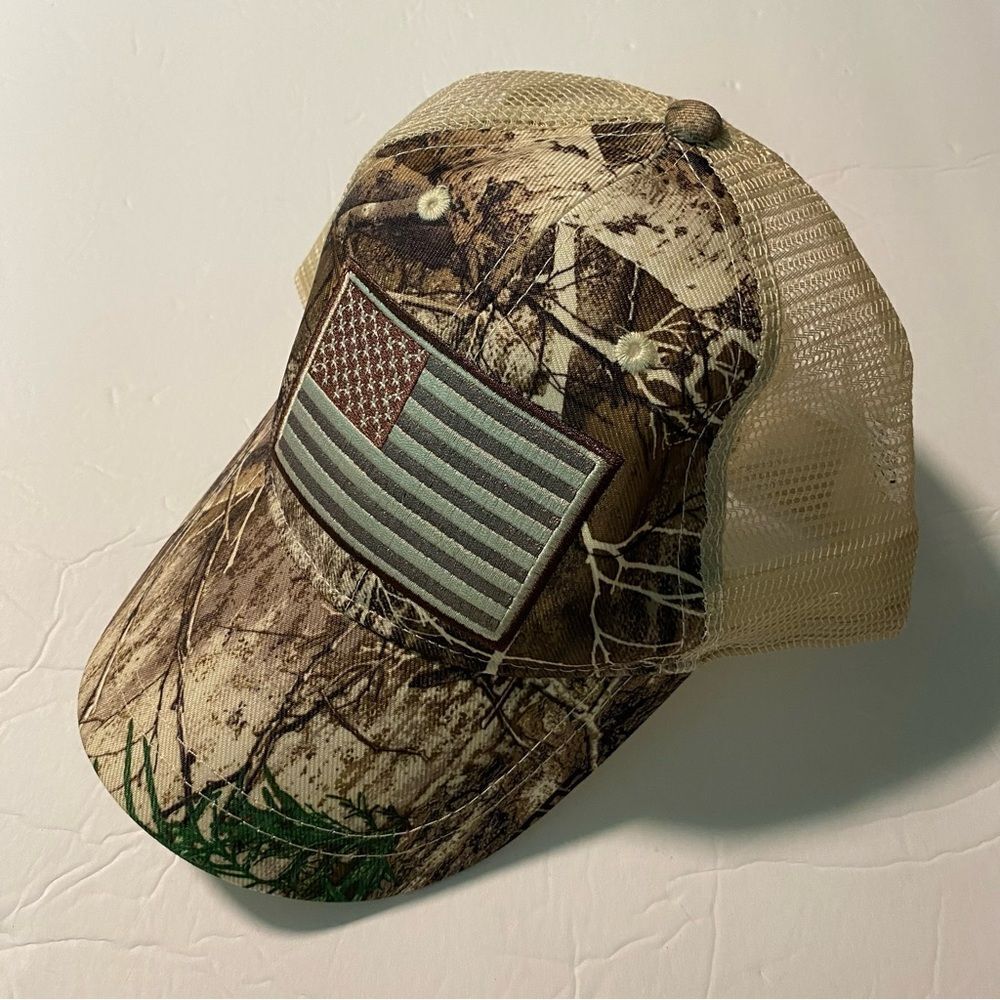 US Flag Trucker Hat mesh Brown Camouflage Infinity Snap Back Cap realtree